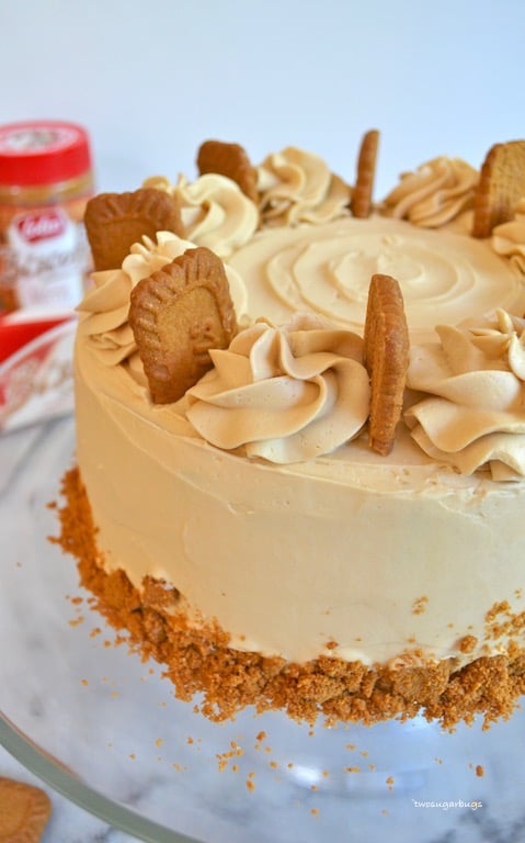 Cookie Butter Cake on glass cake stand