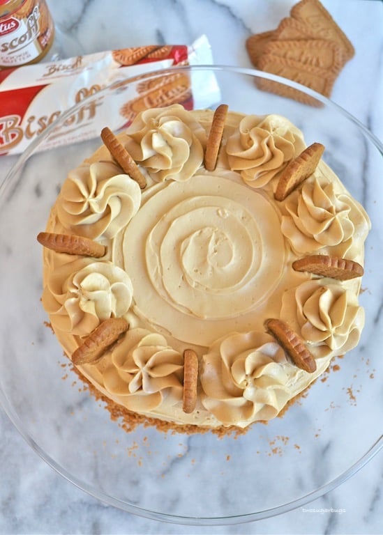 Cookie Butter Cake on a cake stand