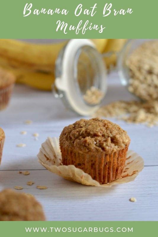 Banana Oat Bran muffins, made healthier with zero refined sugar and packed with oats and bran to keep you full and running through your morning. #twosugarbugs #healthymuffins #banana.
