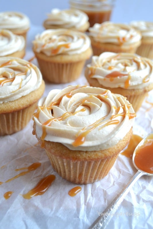 Browned butter cupcakes with salted caramel frosting. #twosugarbugs #brownedbutter #cupcakes #saltedcar