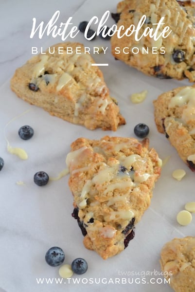 Pinterest graphic for white chocolate blueberry scone recipe.