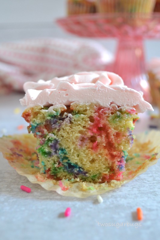Inside view of an easy one bowl funfetti cupcake