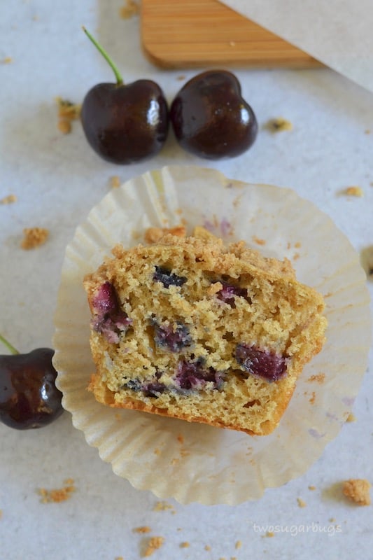 Cross section of a cherry crumble muffin