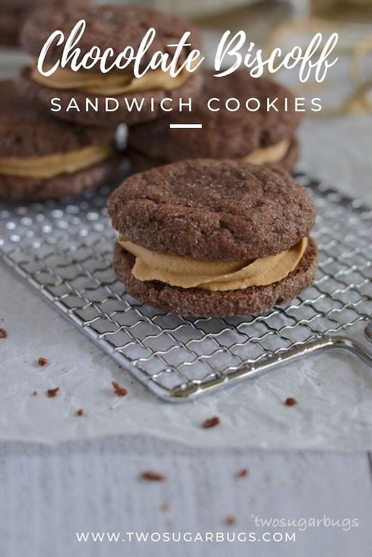 Pinterest graphic for chocolate Biscoff sandwich cookies