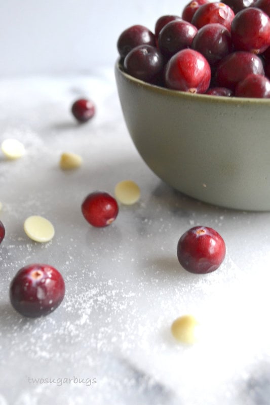 Cranberries and white chocolate in a bowl