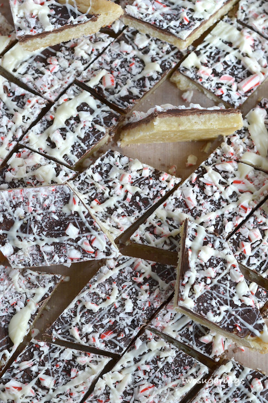 cut pieces of shortbread peppermint park with one on it's side to show the layers