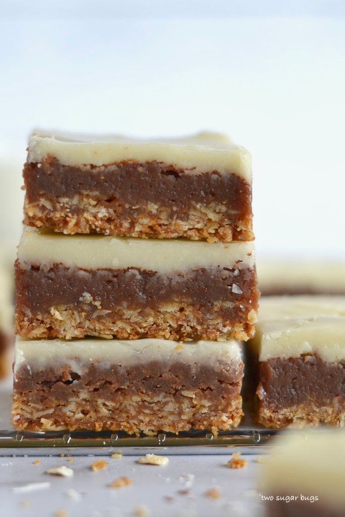 close up of brownies stacked up