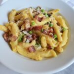 Favorite Pasta Carbonara. Comes together quickly with five ingredients, perfect for a busy night, but special enough for a dinner party. #twosugarbugs #pastacarbonara #pasta #dinnerisserved