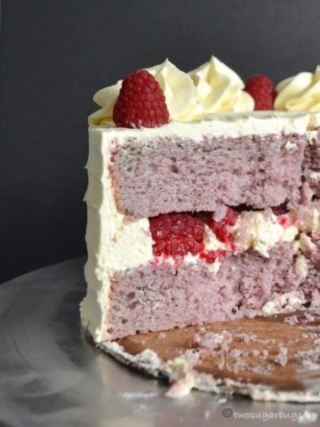 Inside view of a slice of raspberry cake