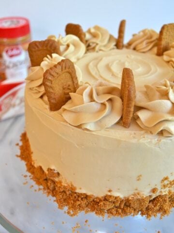 Cookie butter cake on cake stand