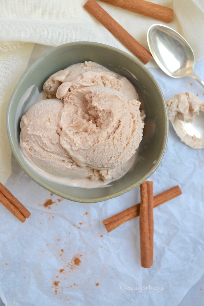Creamy and luscious homemade cinnamon ice cream. Perfect for all your holiday pies, but amazing all on it's own too! #twosugarbugs #homemadeicecream #cinnamonicecream
