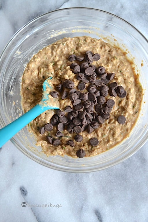 Zucchini oat bran chocolate chip muffins. Not overly sweet and packed with a hearty oat flavor. #twosugarbugs #zucchinimuffins #breakfastisserved #muffin