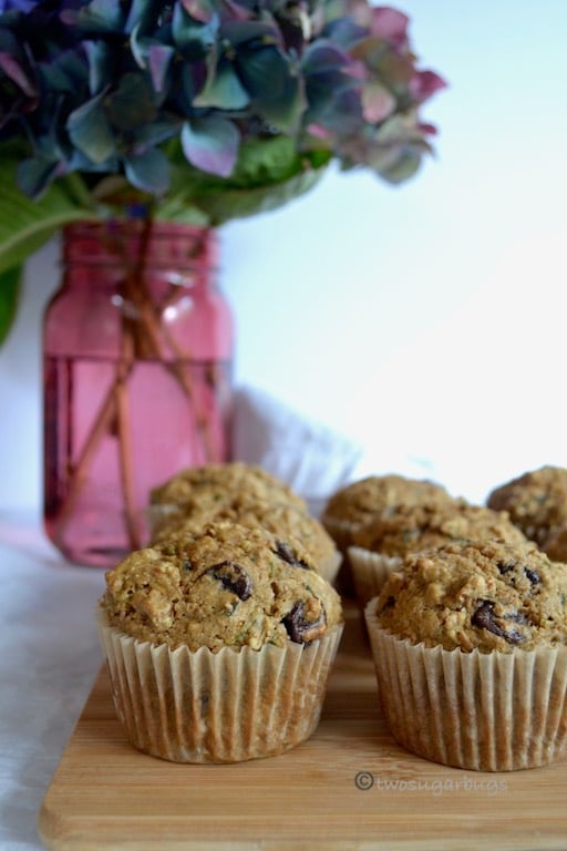 Zucchini oat bran chocolate chip muffins. Not overly sweet and packed with a hearty oat flavor. #twosugarbugs #zucchinimuffins #breakfastisserved #muffin