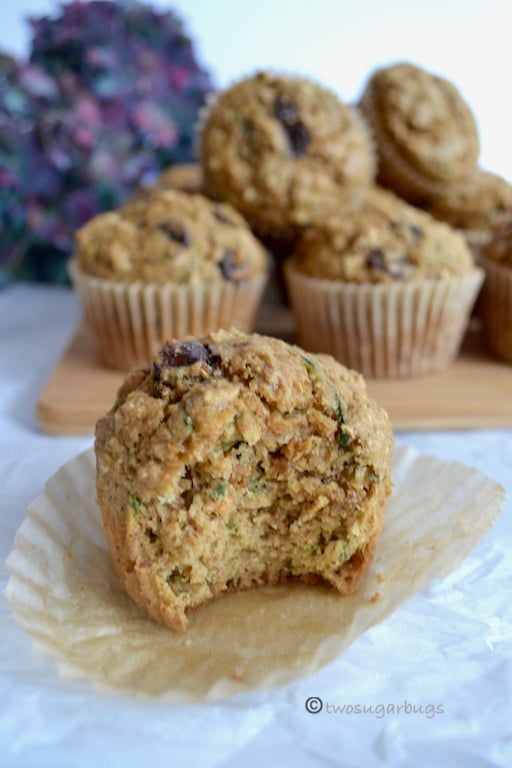 Zucchini oat bran chocolate chip muffins. Not overly sweet and packed with a hearty oat flavor. #twosugarbugs #zucchinimuffins #breakfastisserved #muffin