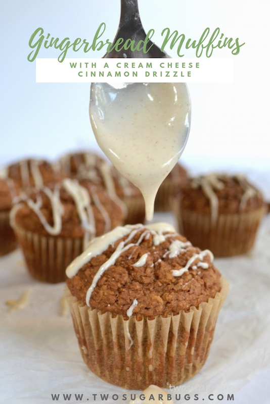 A healthier gingerbread muffin with a cream cheese cinnamon drizzle, packed with oats and bran to help keep you full and running through your busy morning. #twosugarbugs #gingerbread #healtiermuffins #breakfastisserved