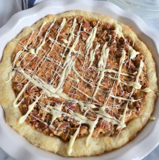 Overhead view of white chocolate pecan pie