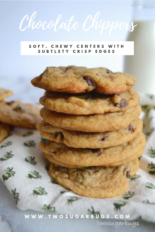 Chocolate chippers, slightly thick with a soft chewy center and barely crisp edges. Everyone is going to ask you for this recipe! #twosugarbugs #chocolatechipcookies #cookiesandmilk #familyrecipe