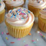 Simply Vanilla Cupcakes. Made with melted butter and a whisk, easy enough for everyday. Soft and fluffy with the perfect amount of vanilla. #twosugarbugs #vanillacupcakes #easycupcakes #cupcakes