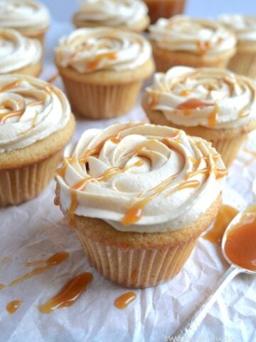 Browned butter cupcakes with salted caramel frosting. #twosugarbugs #brownedbutter #cupcakes #saltedcar