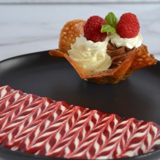White and dark chocolate mousse in ginger tulip cups. An impressive, yet approachable dessert you can make at home to top off a special meal. #twosugarbugs #chocolatemousse #chocolate #valentinestreat