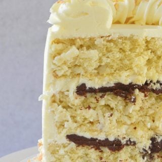 Inside slice of perfect coconut cake with dark chocolate ganache