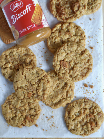 biscoff crispy cookies on parchment lined cutting board