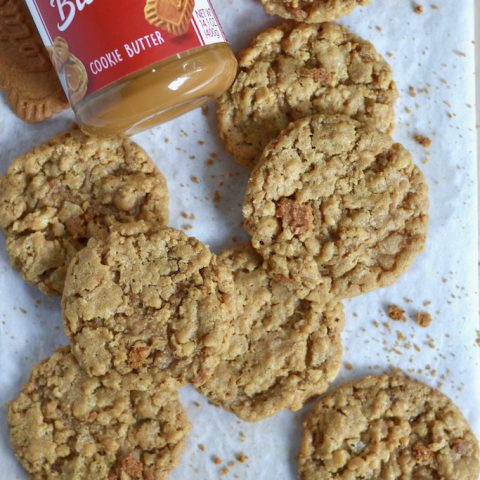 biscoff crispy cookies on parchment lined cutting board