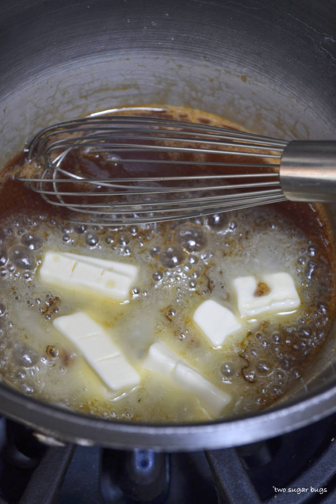 butter added to boiling sugar in a sauce pan