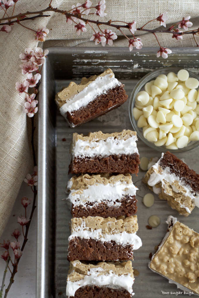 overhead view of SunButter crunch brownies in a baking pan