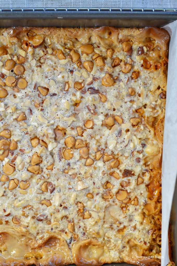 finished butterscotch nut bars in the baking pan