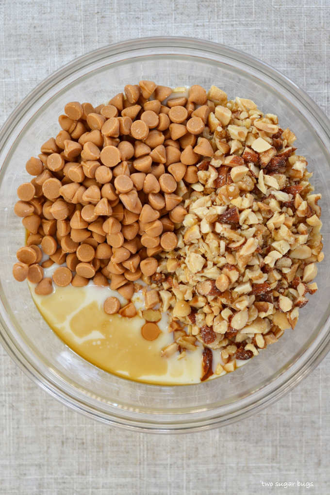 nuts, butterscotch chips and sweetened condensed milk and vanilla extract in a bowl