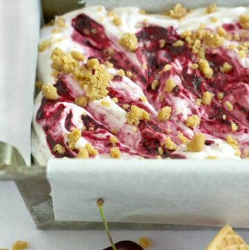 cherry bourbon crumble ice cream in a loaf pan