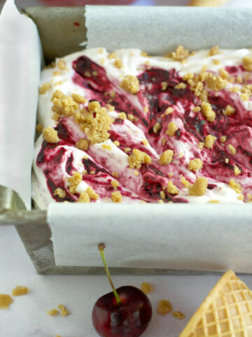 cherry bourbon crumble ice cream in a loaf pan