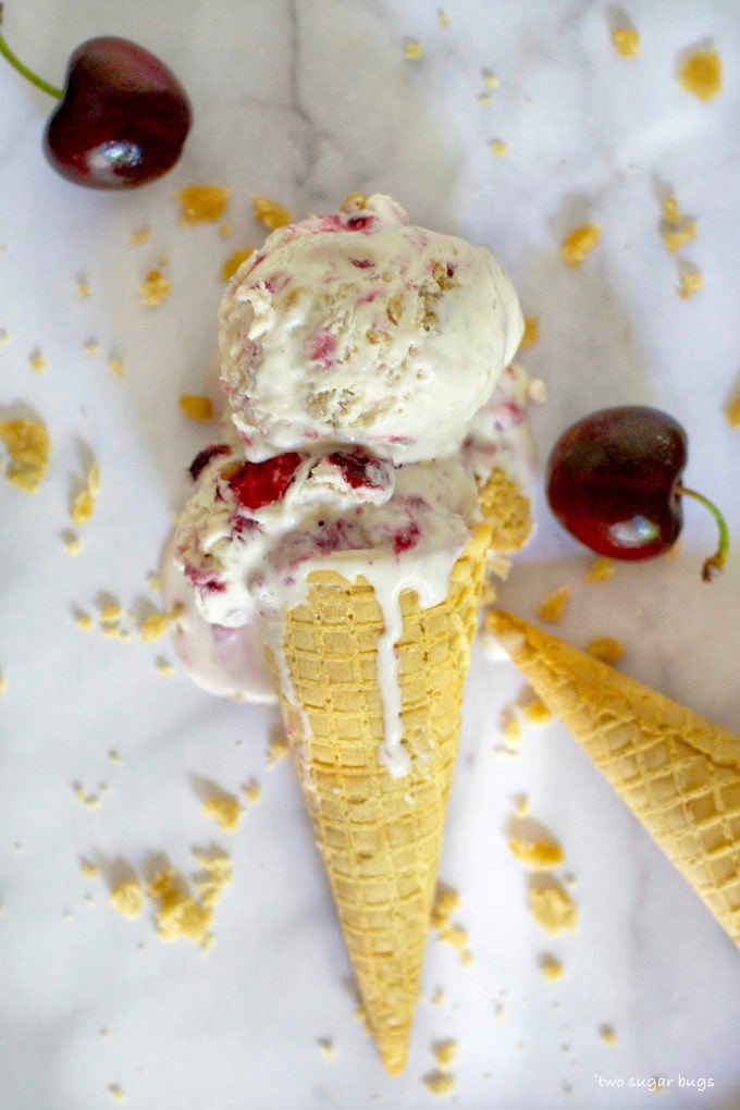 ice cream cone with cherry bourbon crumble ice cream