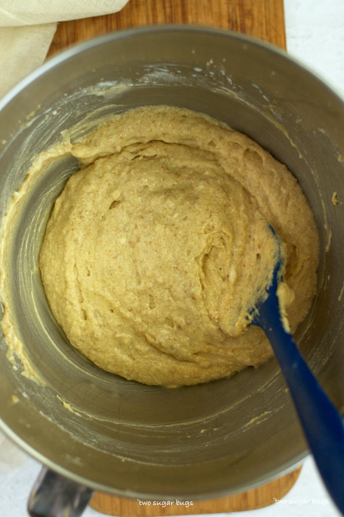 finished cookie butter cupcake batter in a mixing bowl