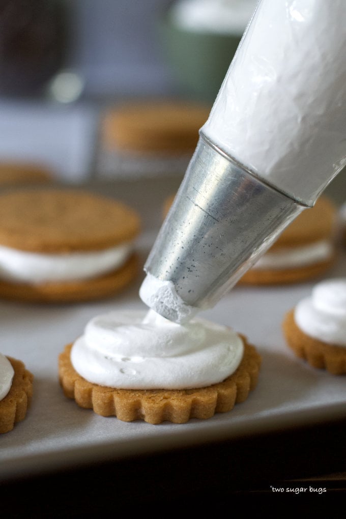 piping bag with meringue on a homemade graham cracker