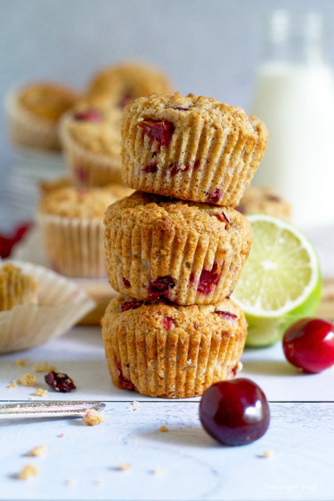 stack of three cherry lime muffins
