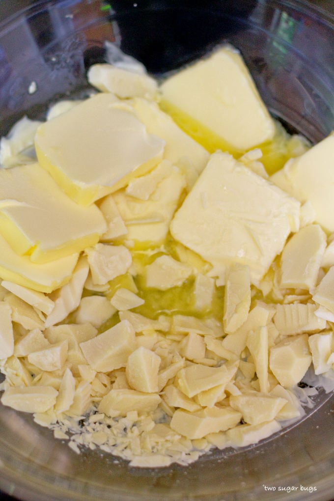 chopped white chocolate and butter in a double boiler