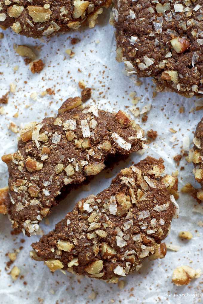 broken German chocolate cookie on parchment paper