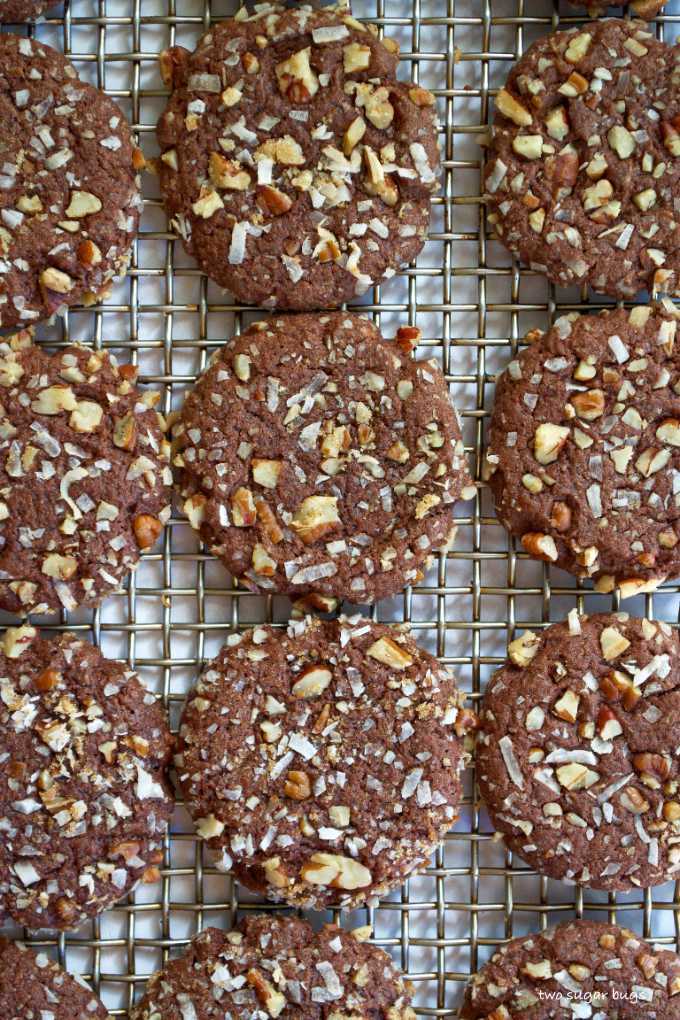 German chocolate cookies on a cooling rack