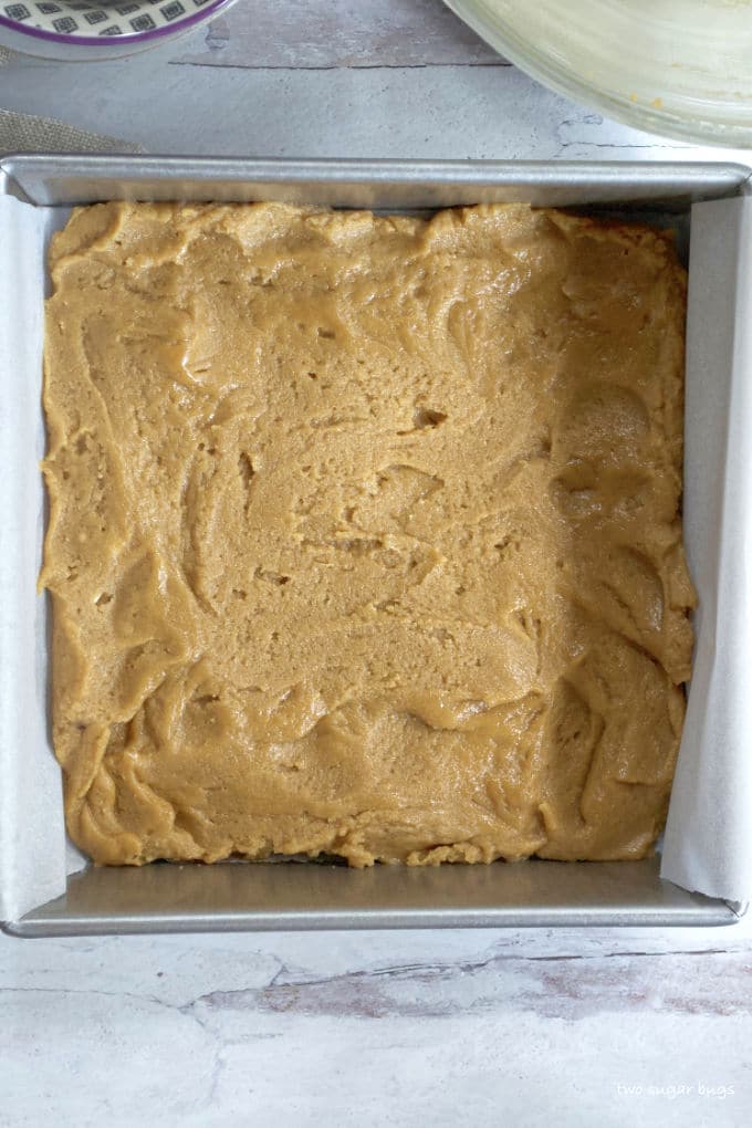 peanut butter batter in the baking pan