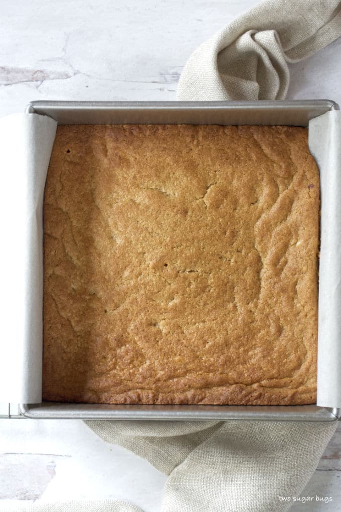 baked peanut butter blondies in a baking pan