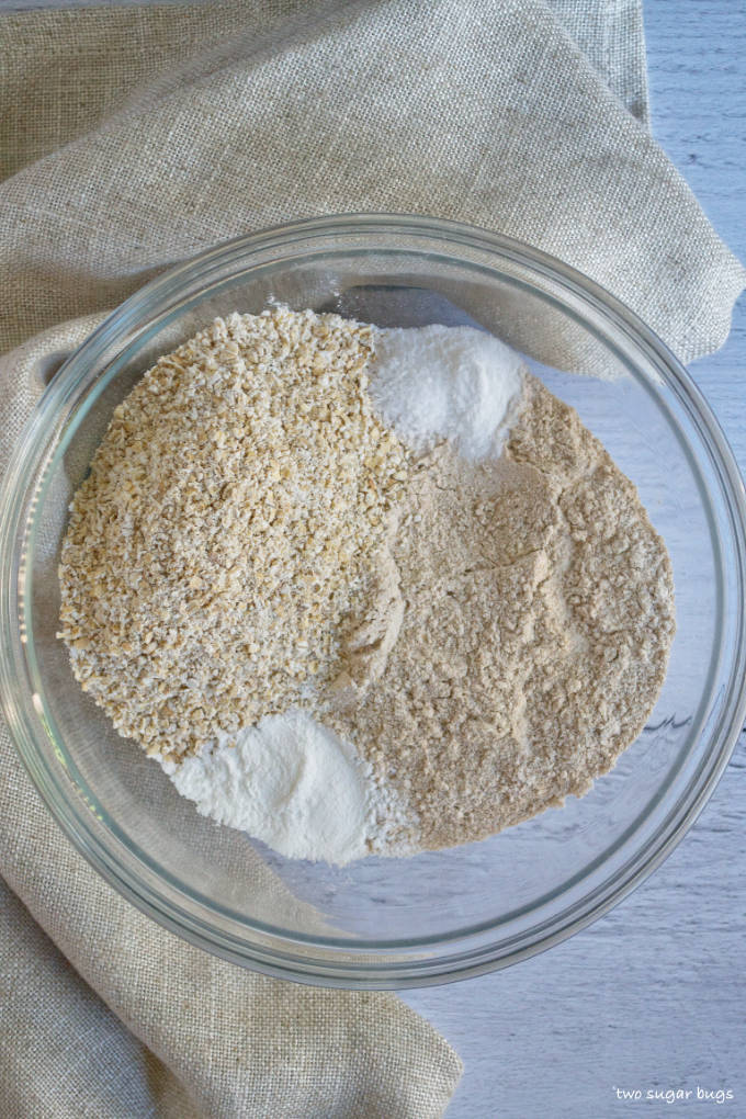 dry ingredients for healthy banana bread in a glass bowl