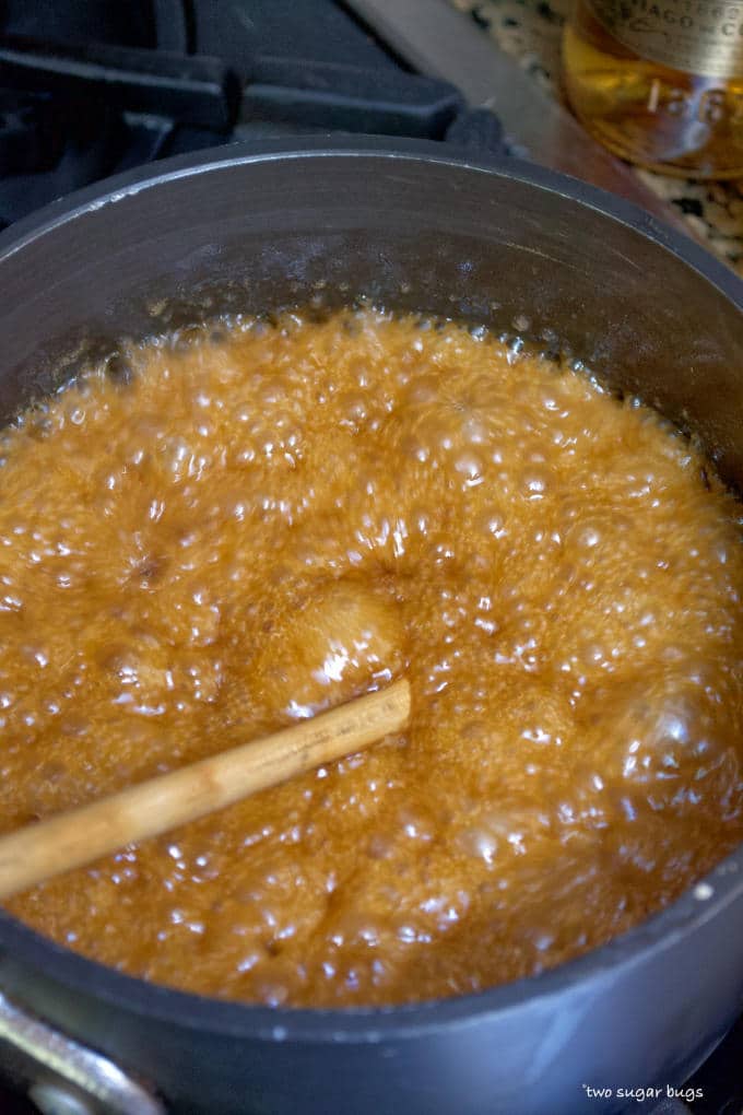 boiling caramel sauce in a saucepan
