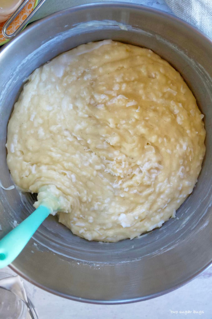 finished cake batter in mixing bowl