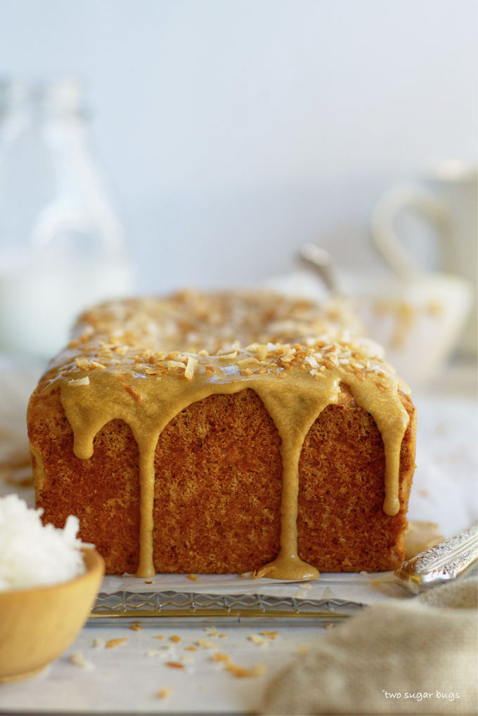 espresso glaze dripping down the side of the cake