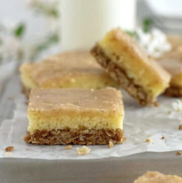 white chocolate chai brownie on a parchment lined baking sheet