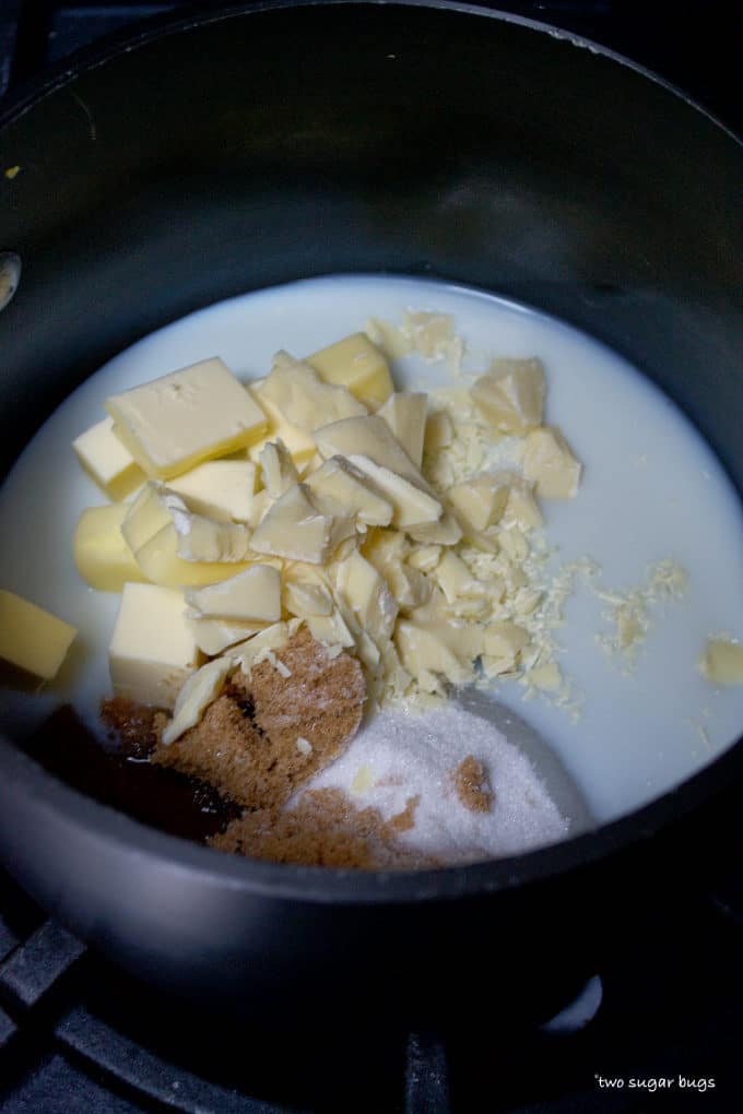 milk, sugar, white chocolate and butter in a saucepan