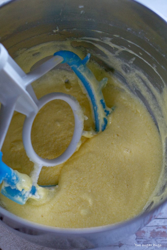 butter, sugar, eggs and vanilla in a mixing bowl