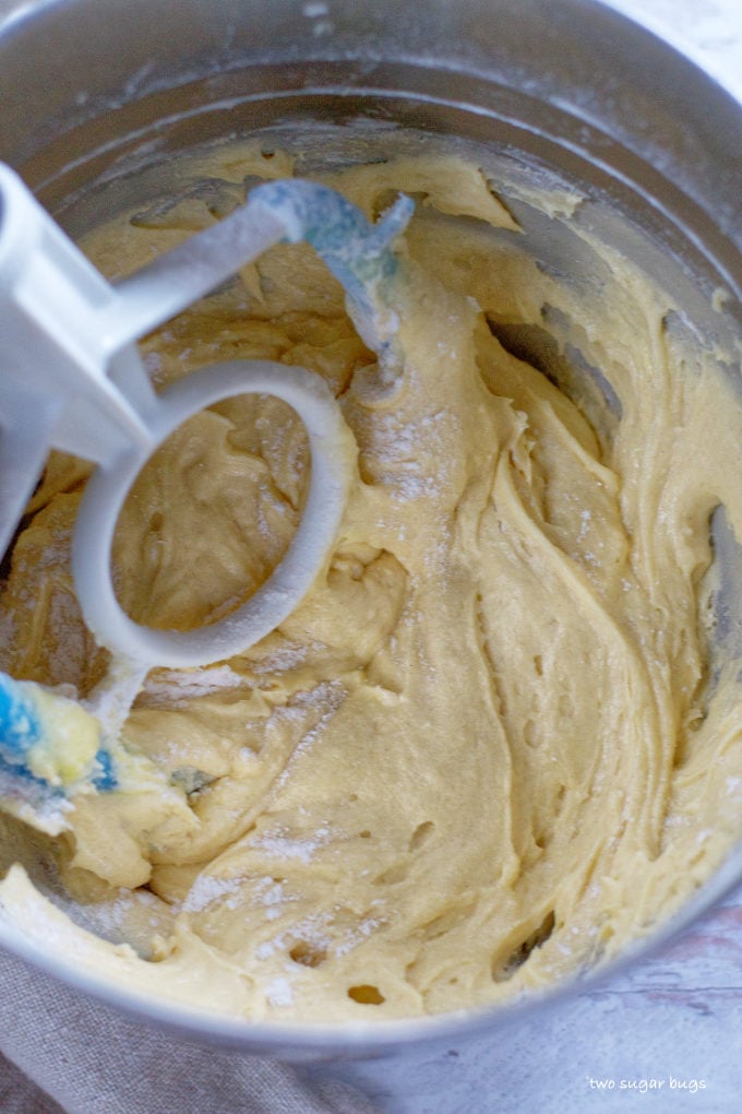 finished cake batter in a mixing bowl